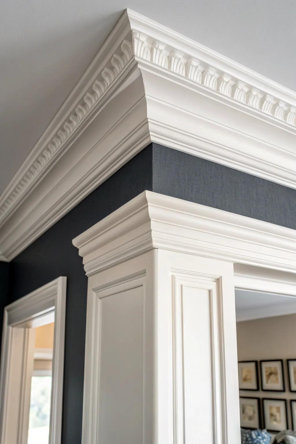 Crisp white 3-piece crown molding outlined against dark walls for instant drama.