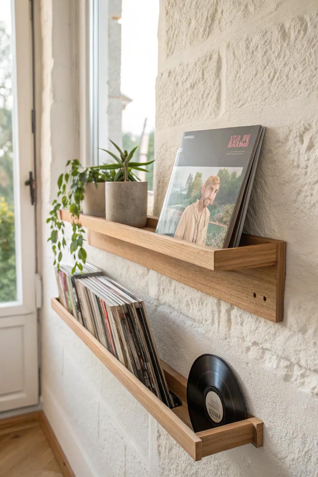 Floating oak shelf row for LPs—clean lines, hidden brackets, and airy Scandinavian calm.