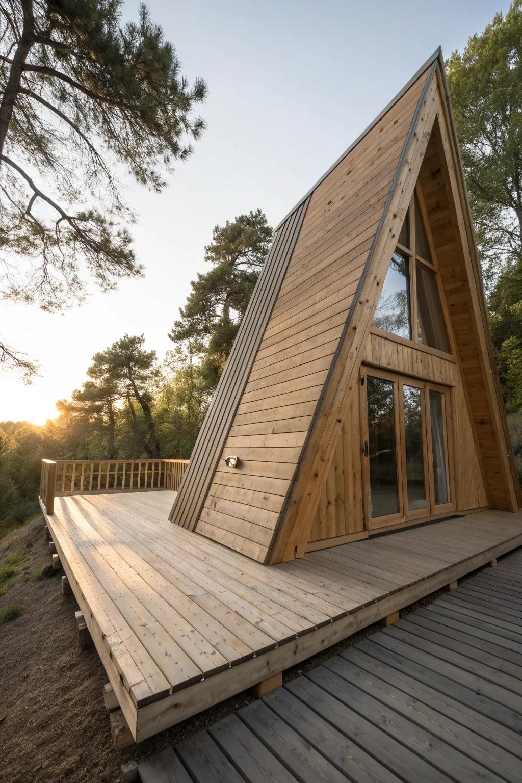 A wraparound deck corner that ties an A‑frame addition together—seamless flow, more living space.