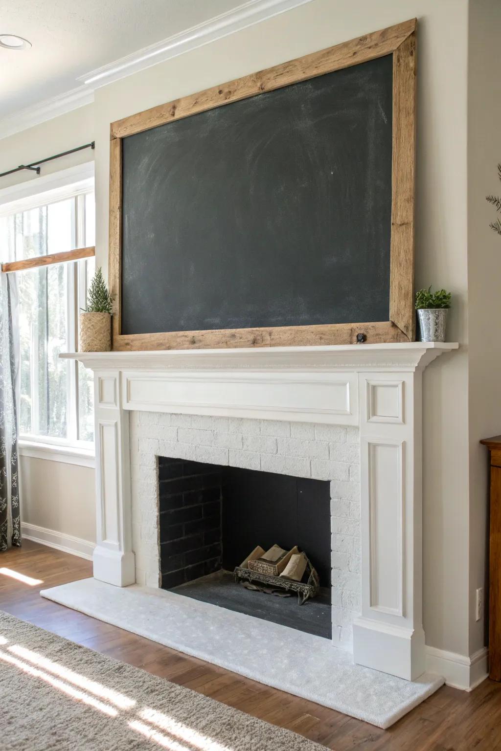 A reclaimed-wood framed chalkboard above the fireplace—easy to update, timelessly cozy.