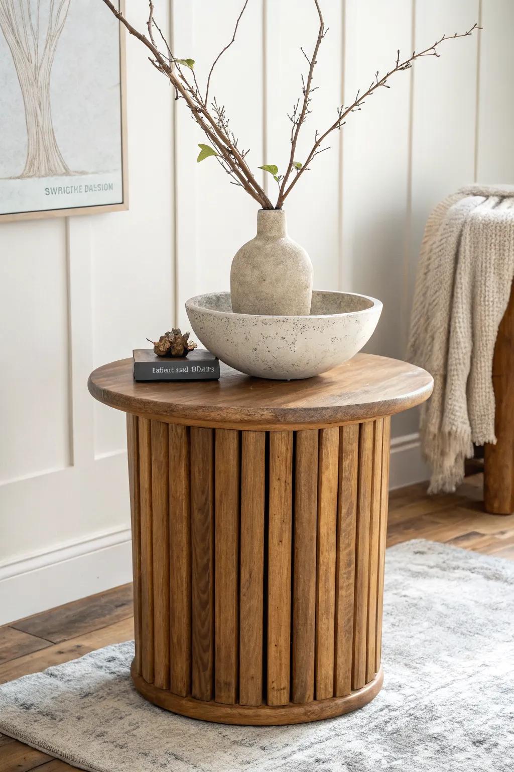 Chunky drum table with bold slats, topped with a big bowl and a branchy vase for height.