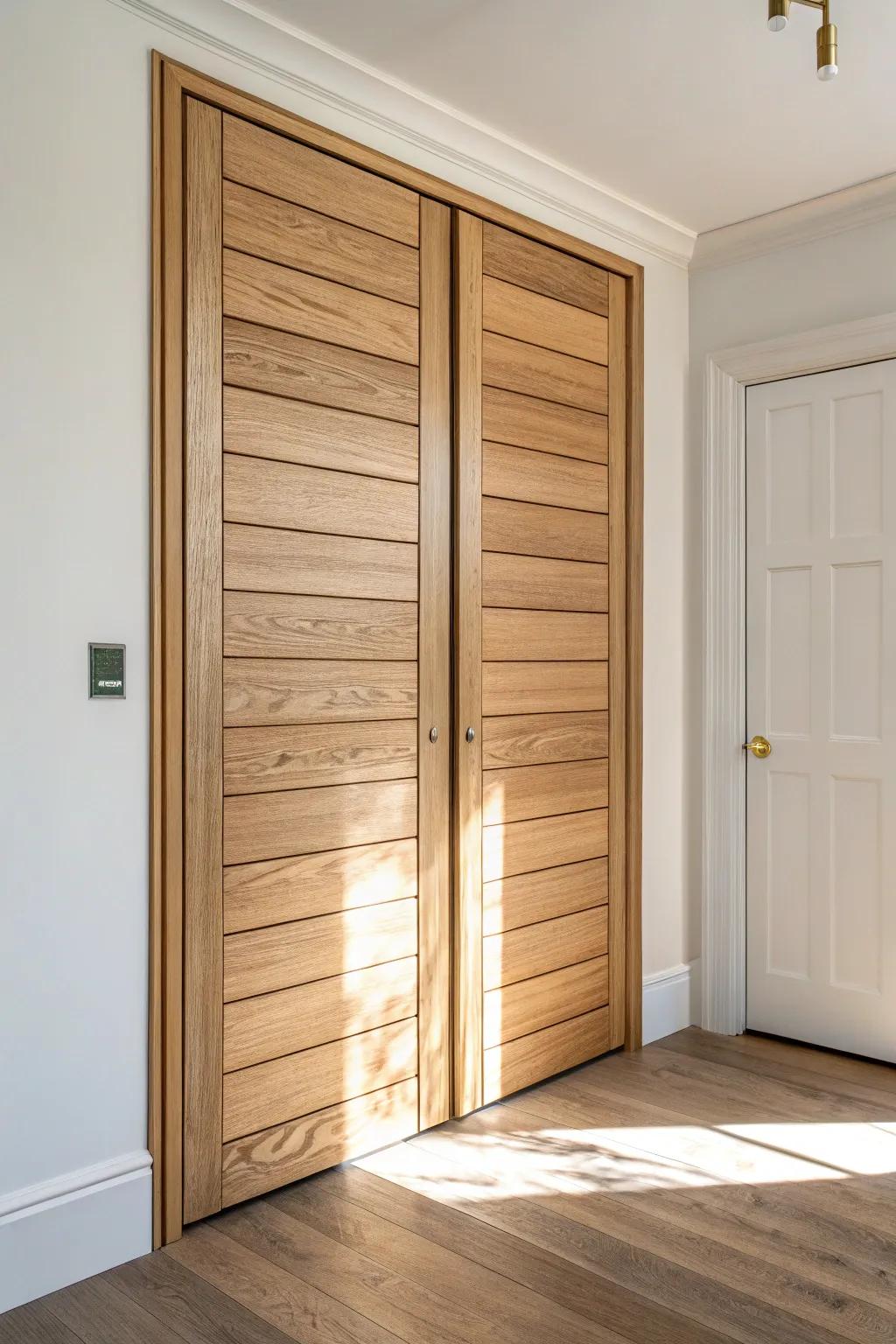 Shiplap-planked bi-folds: farmhouse charm with light boards, clean lines, and warm wood grain.