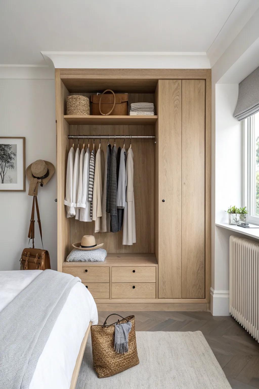 Deep alcove wardrobe: full-length rail keeps coats and dresses smooth, plus a slim shelf for bags.