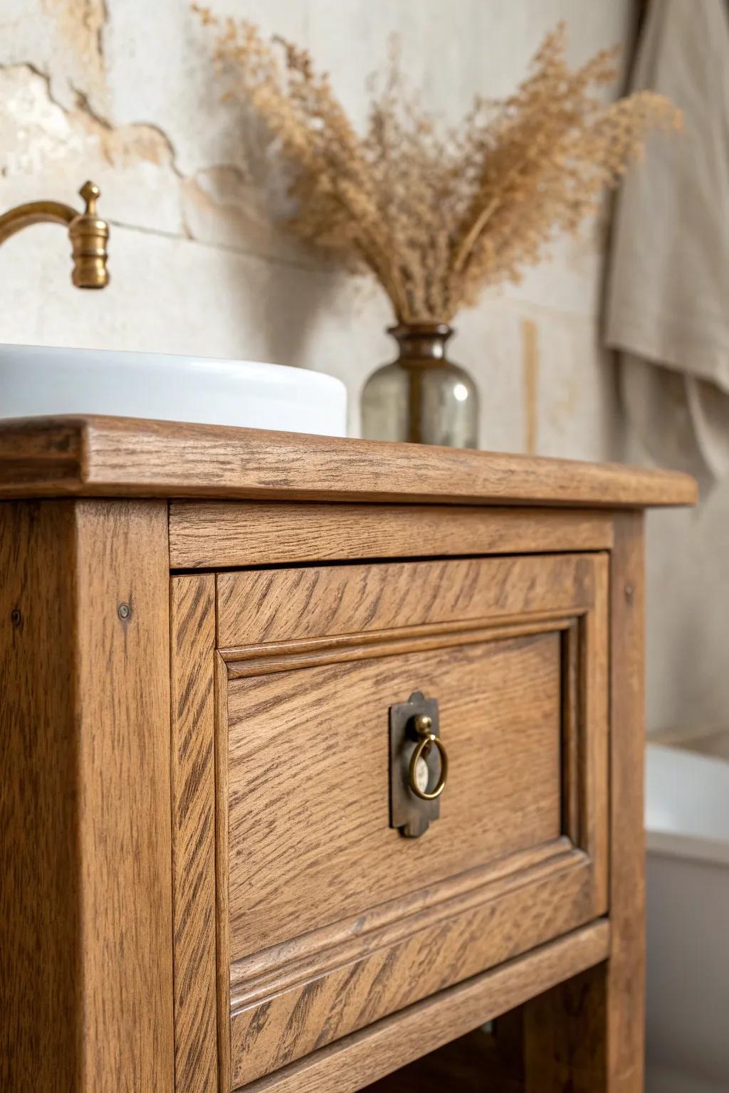Keep original brass pulls and keyholes—those tiny details make an antique vanity feel authentic.