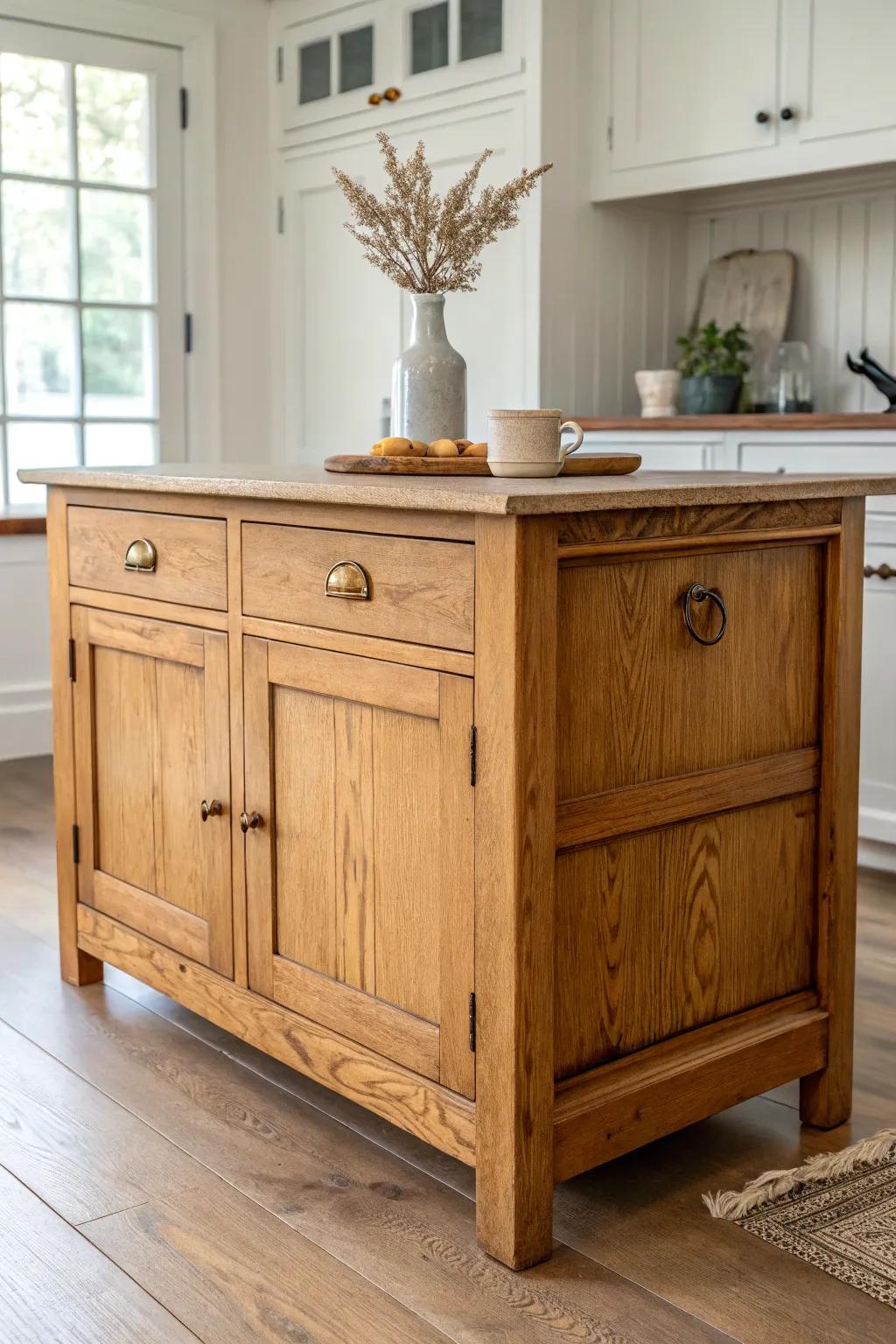 Antique sideboard turned island—thicker top, sturdy pulls, and generous drawer storage.