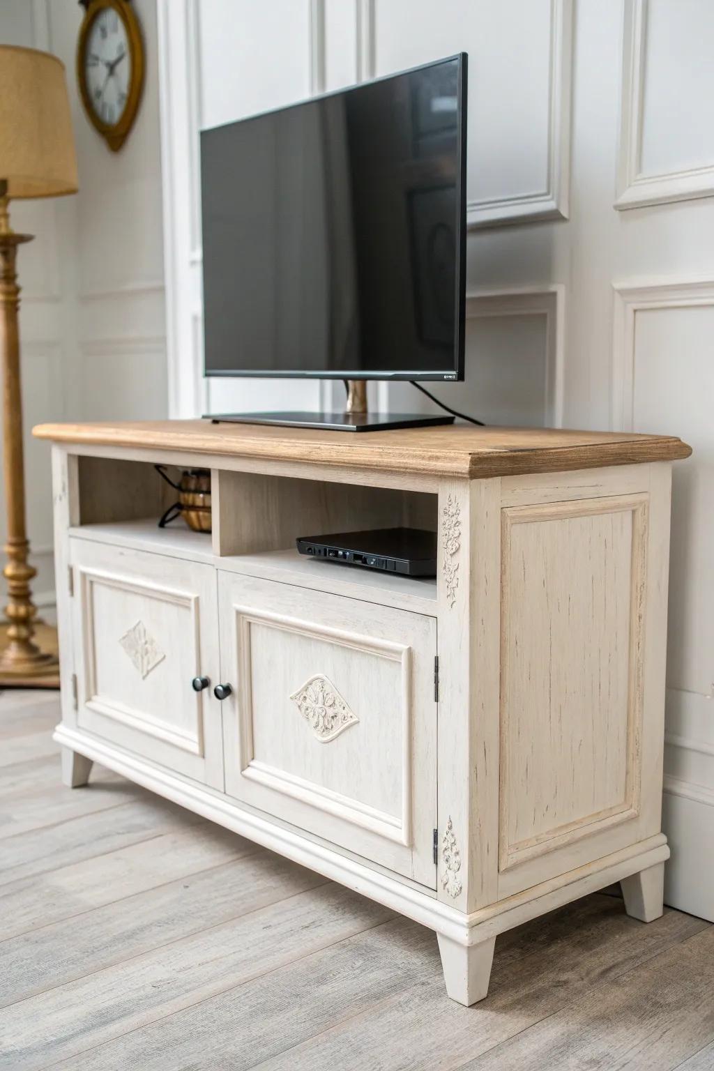 Soft whitewash with a natural wood top—bright, airy, and full of antique character.