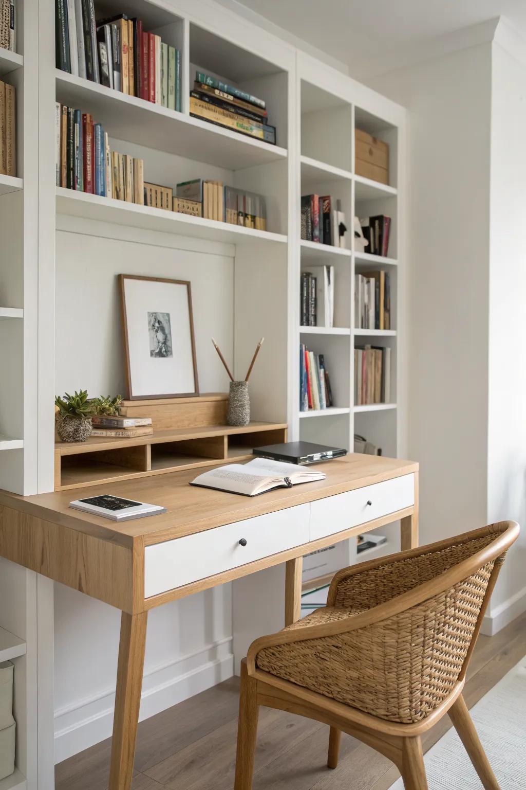 A floating oak desk built into bookcases—minimal, cozy, and perfect for a work-and-read nook.