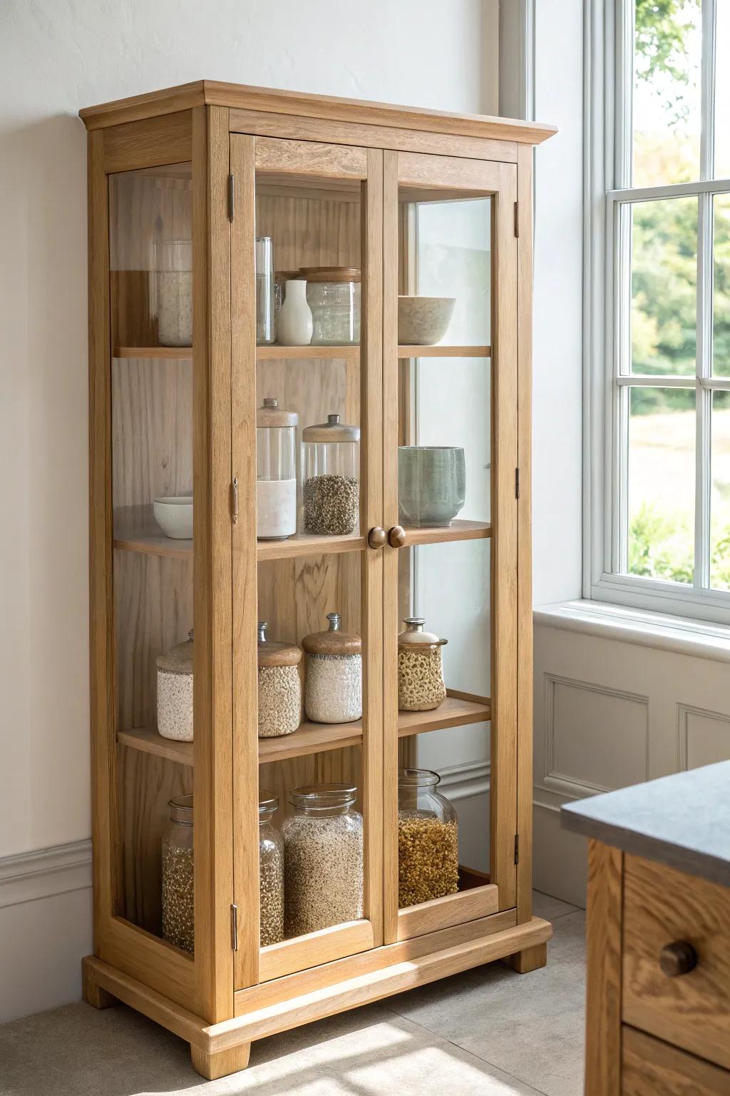 Light oak glass-front cabinet—apothecary jars and stoneware on display, protected in style.