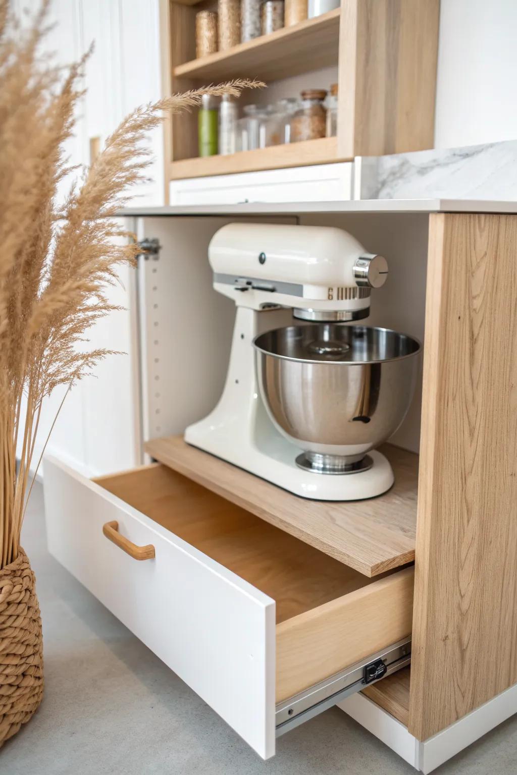 Slide-out shelf makes heavy appliances effortless—warm oak craftsmanship in a clean white cabinet.