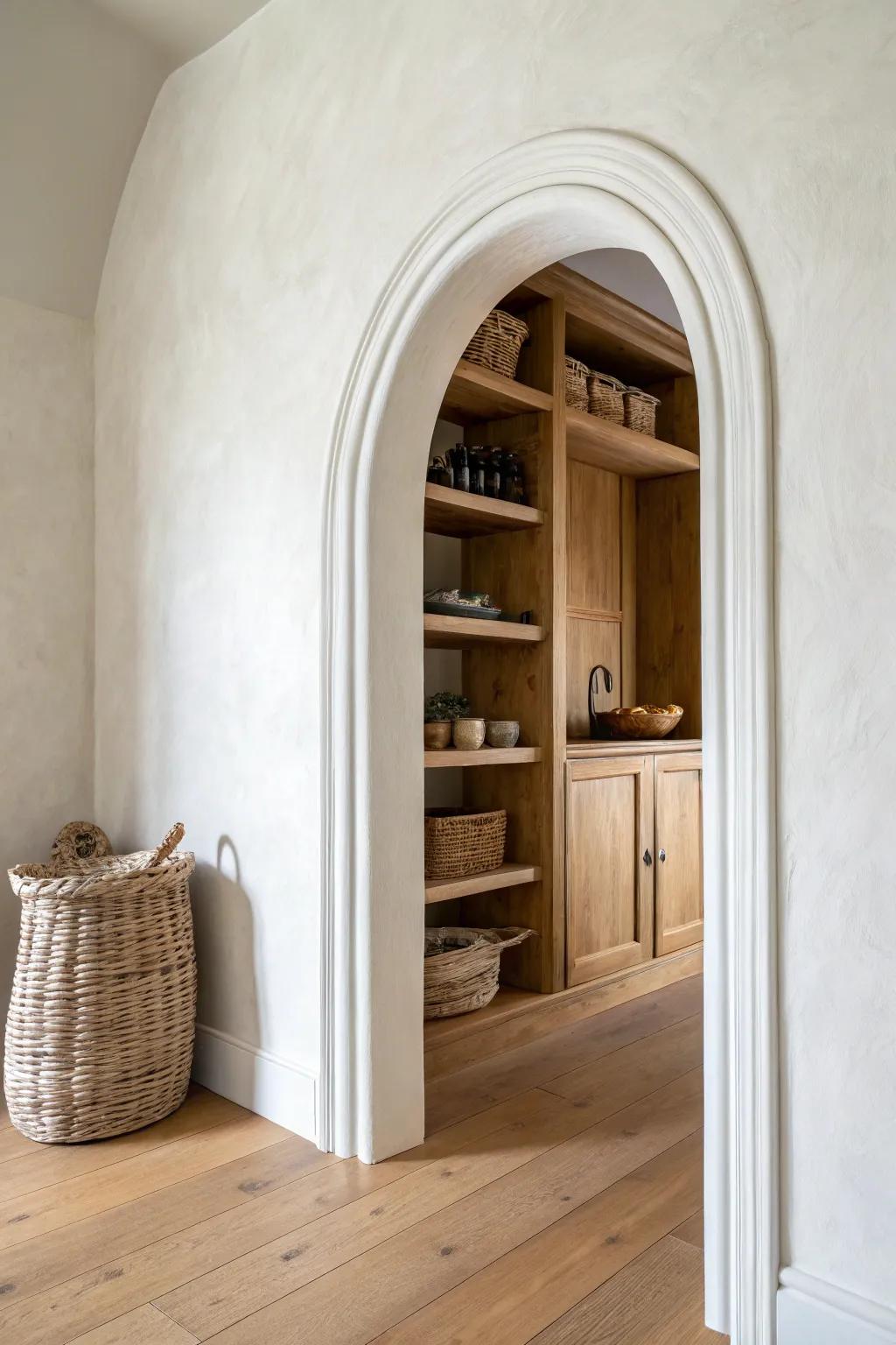 An arched pantry doorway with clean painted trim and warm wood tones—instant kitchen character.