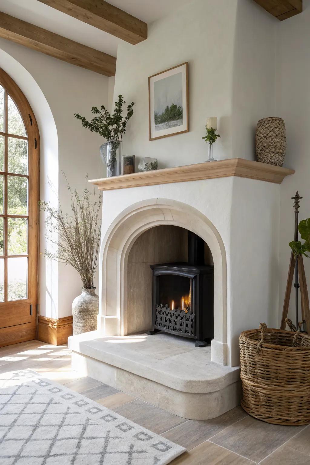 A space-saving corner arched fireplace with soft curves, oak warmth, and crisp contrast.