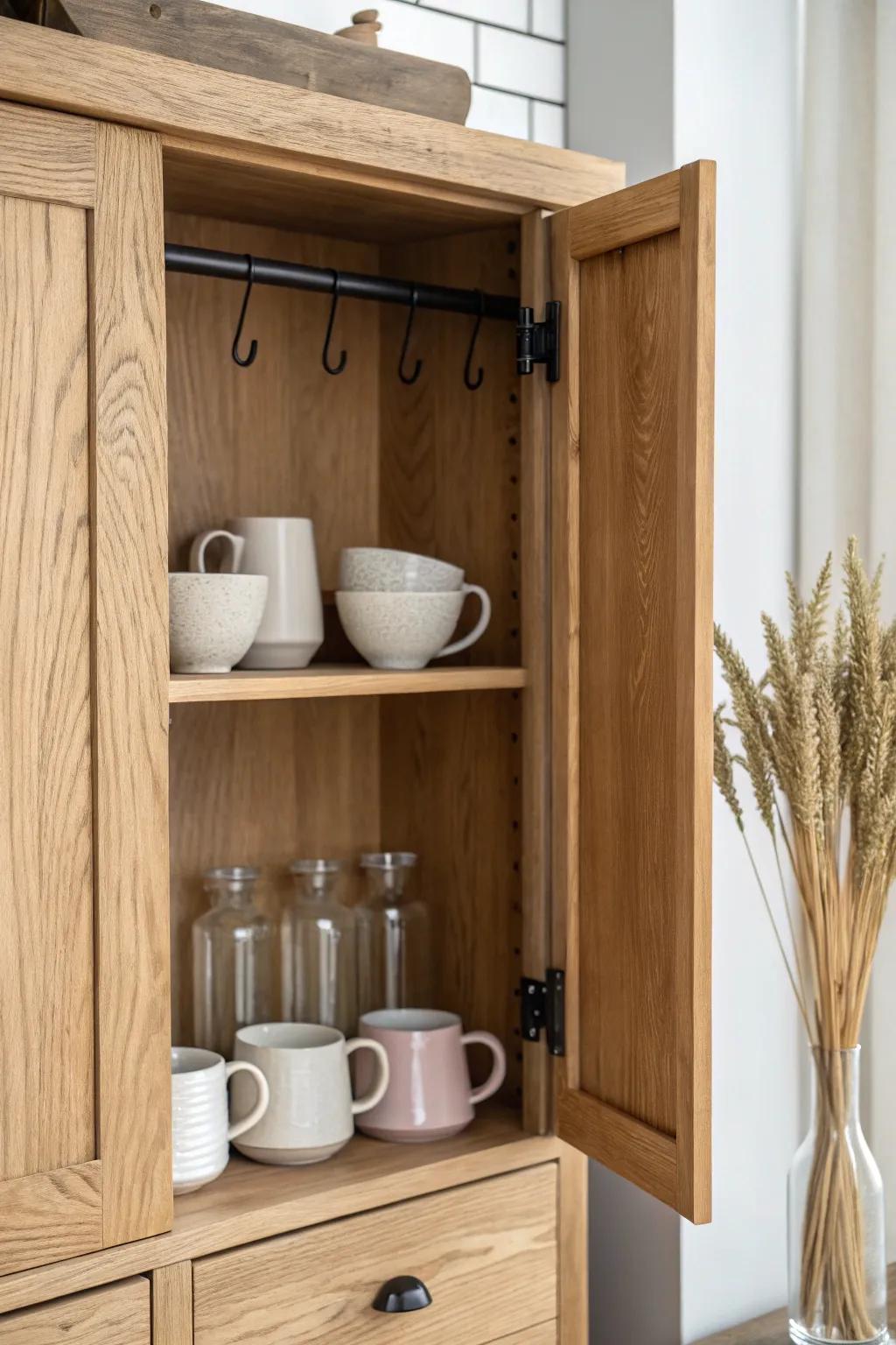 Turn armoire “dead space” into a chic coffee moment with a door-mounted mug rack.