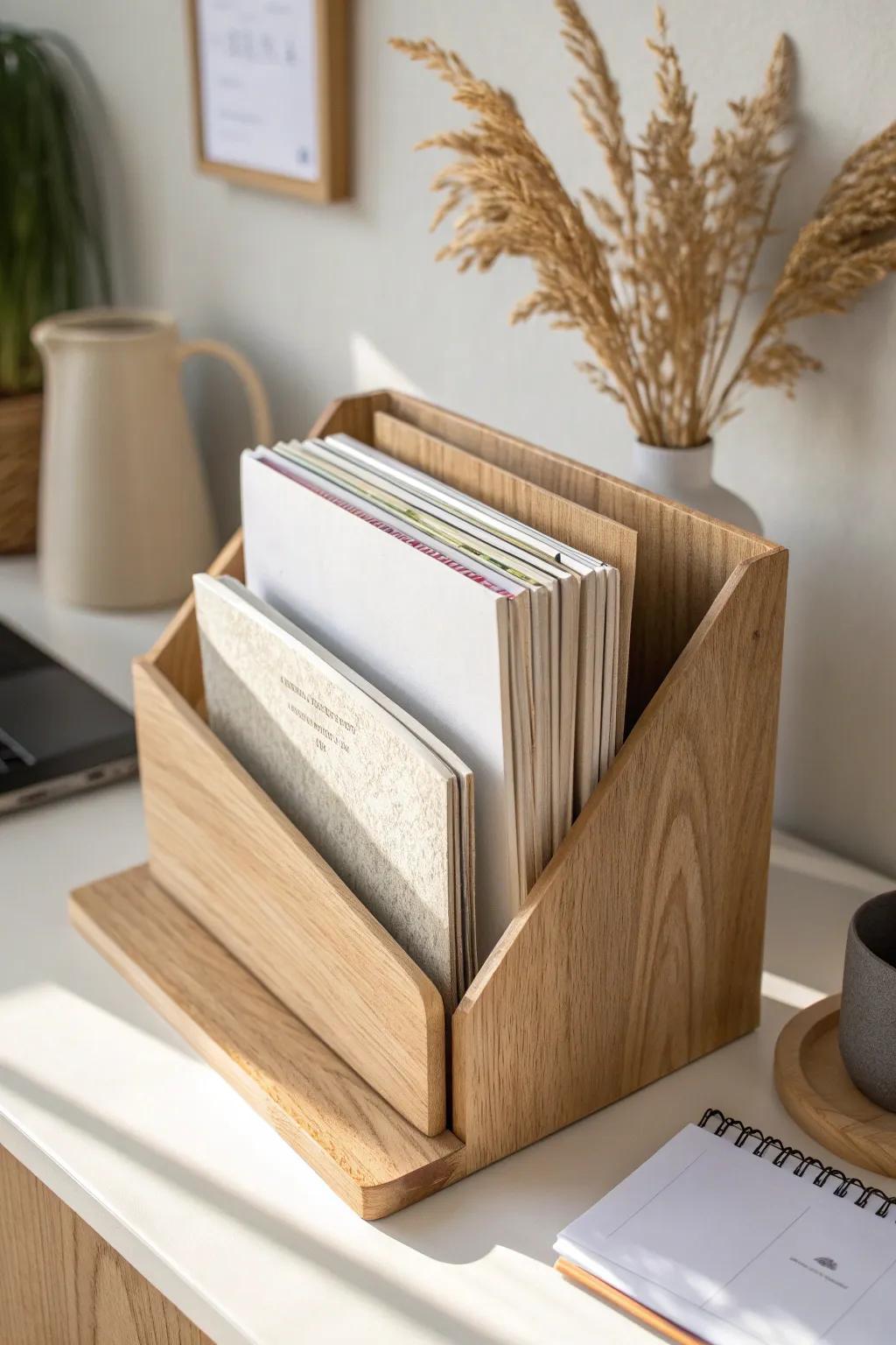 Keep sketchbooks and loose paper crisp—store everything upright in a beautiful oak file.
