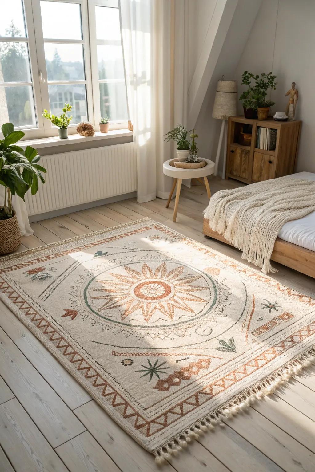 Elevate your space with a custom artistic rug that blends Scandinavian simplicity with boho flair.