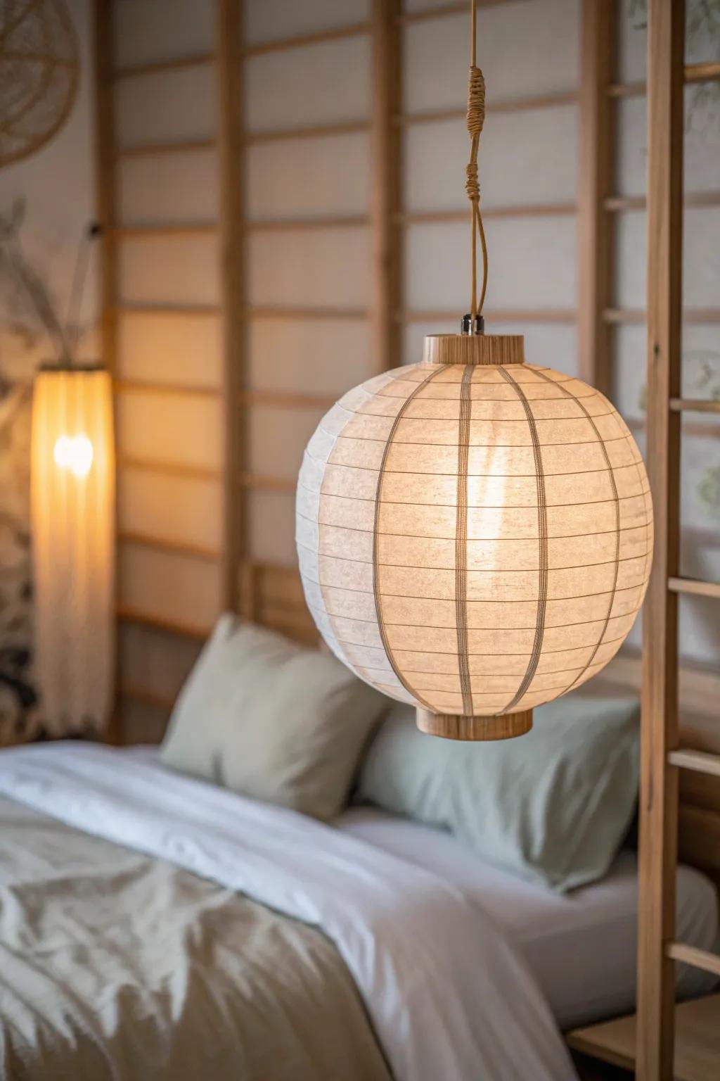 A warm lantern pendant makes oak tones look buttery and calm for an Asian-inspired bedroom glow.