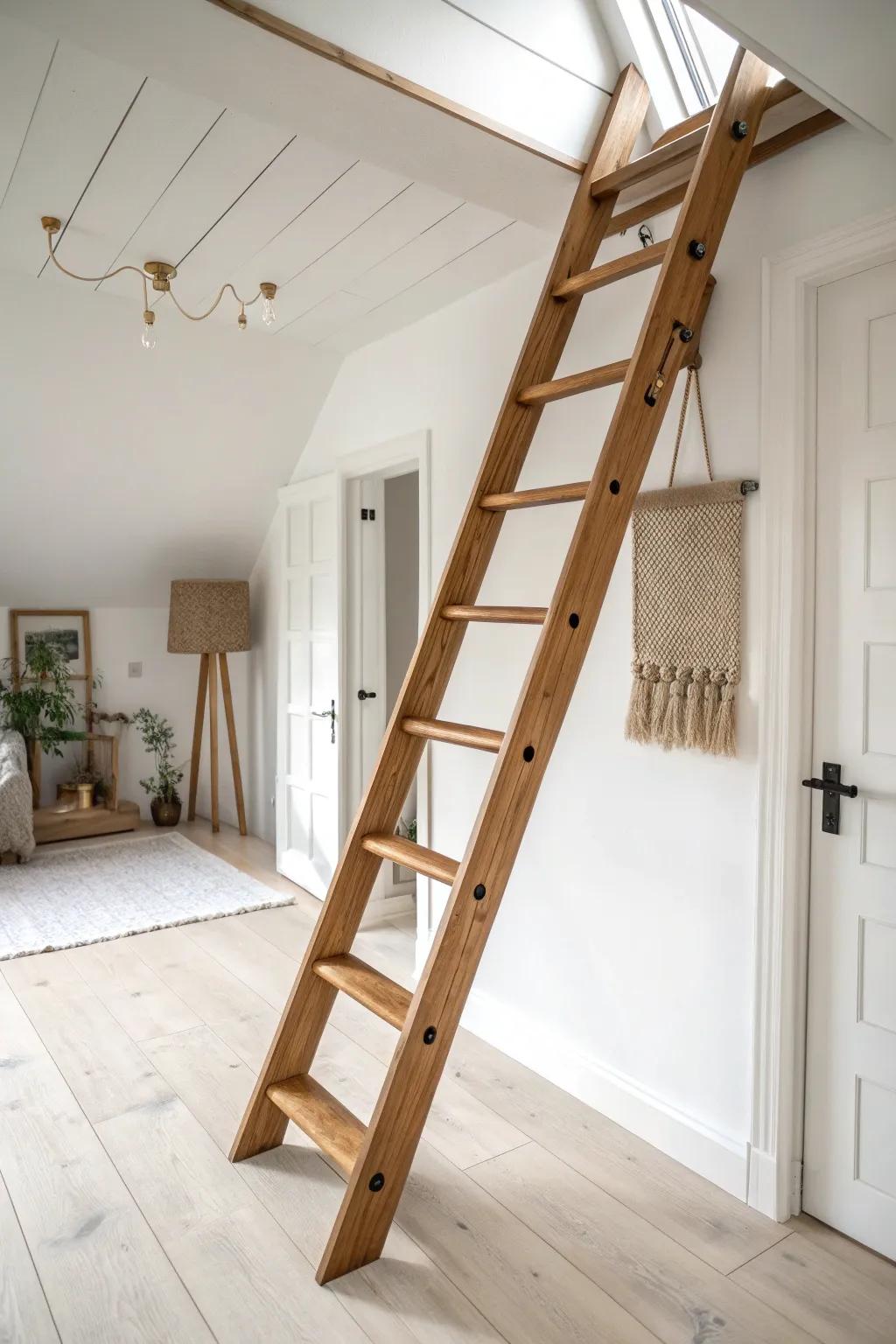 A rolling oak library ladder adds instant attic charm—practical access with timeless craftsmanship.