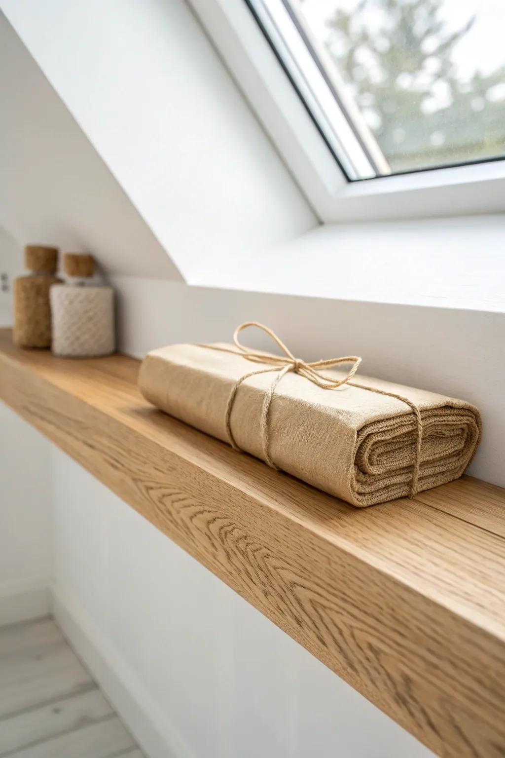 Skinny perimeter shelves keep attic walkways clear while storing gift wrap and small supplies.