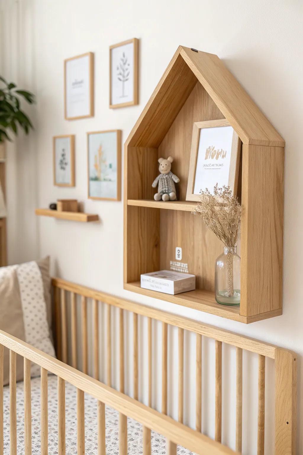 A house-shaped shelf adds storybook charm and keeps tiny prints and keepsakes tidy by the crib.