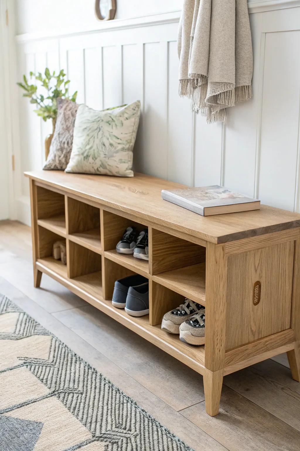 Handmade entryway bench with cubbies—pretty, practical baby shoe storage in one spot.