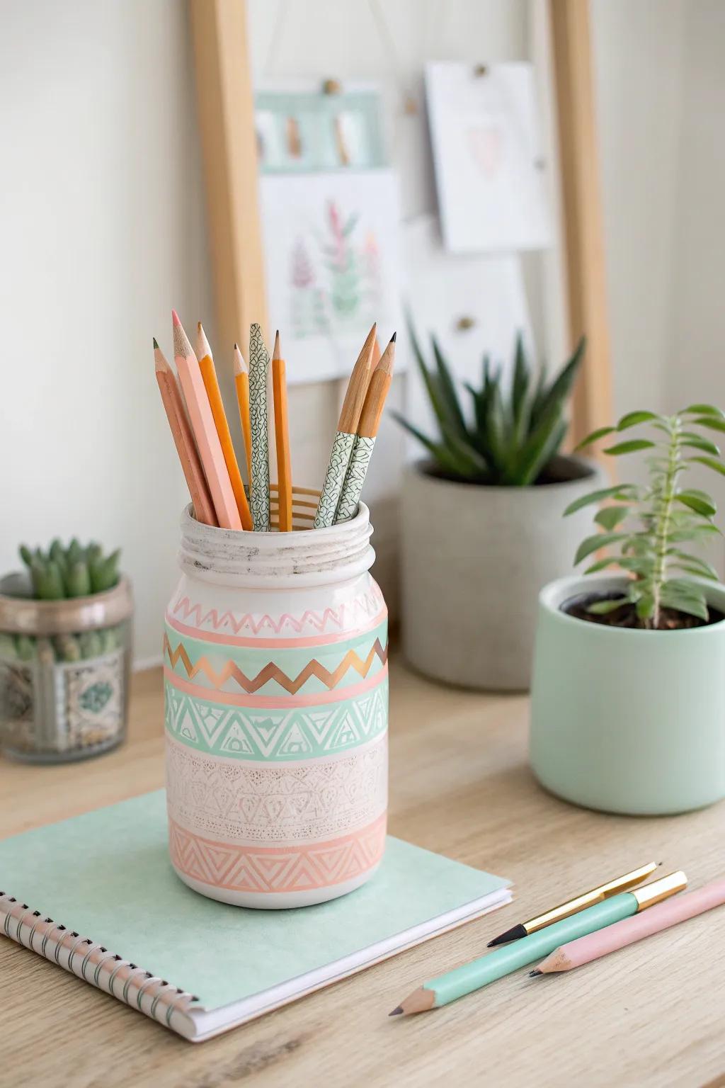 Transform your desk with a touch of elegance: Create your own upcycled pencil holder with paint and washi tape.