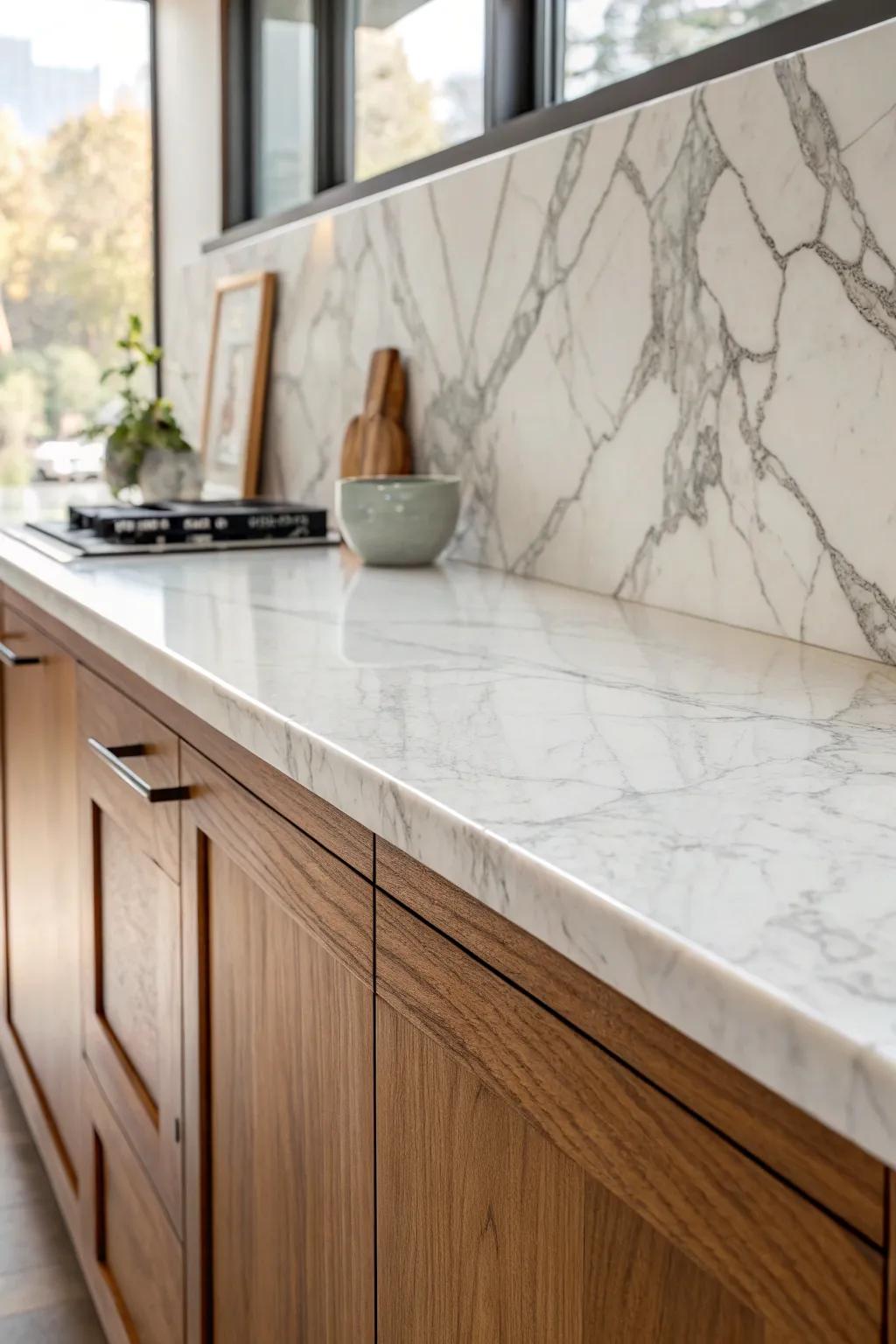 Marble-look porcelain slab backsplash with cherry cabinets—clean, luxe, and totally livable.