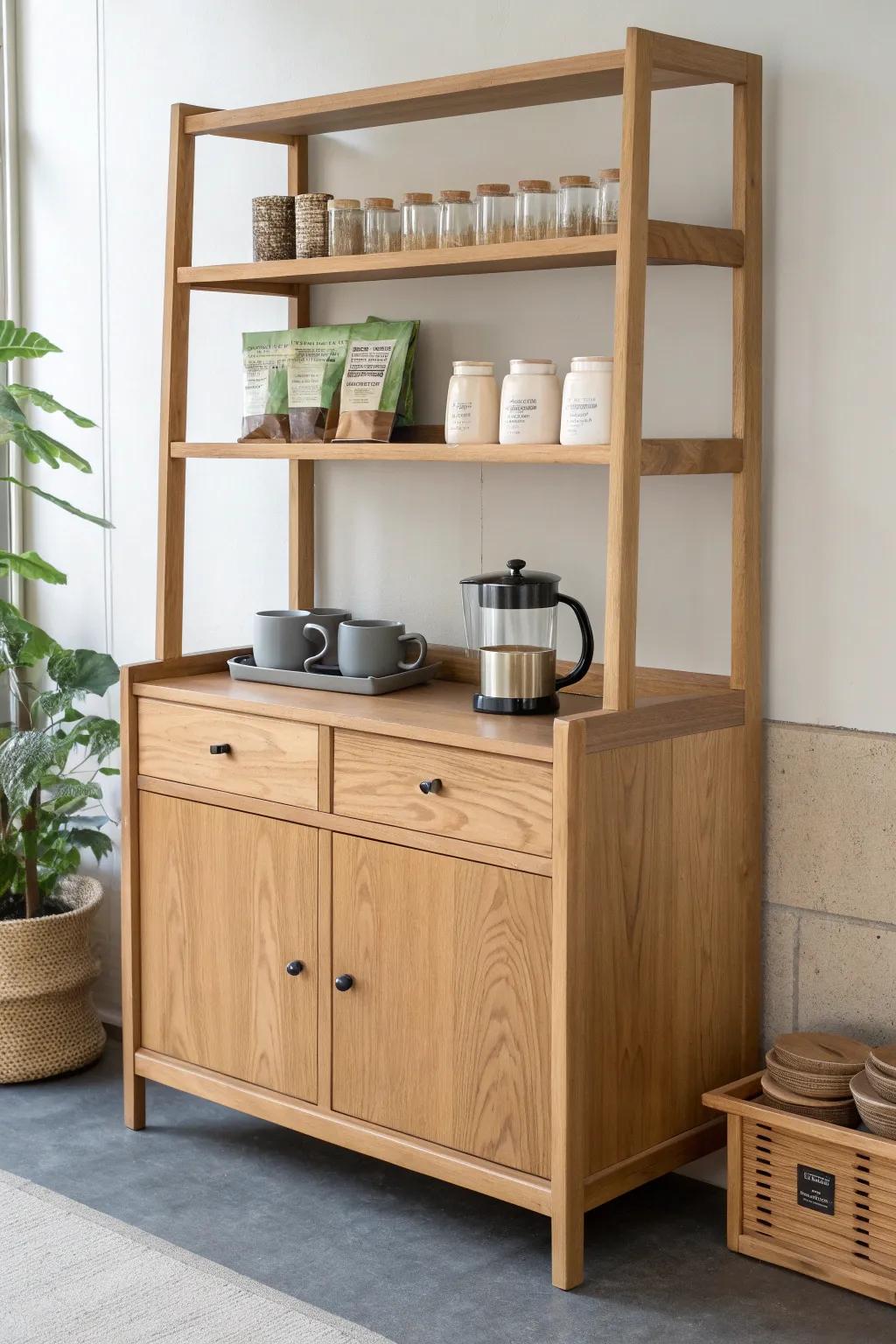 Split shelves: tea up top, coffee at chest height—simple, calm, and beautifully organized.