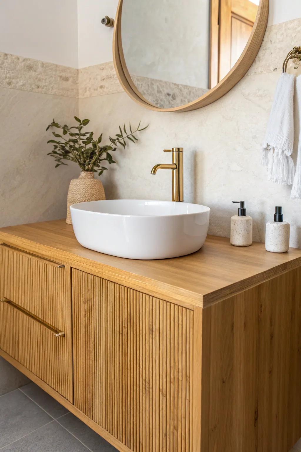 Boutique-hotel vibes: engineered bamboo vanity top with a crisp vessel sink and warm brass accents.