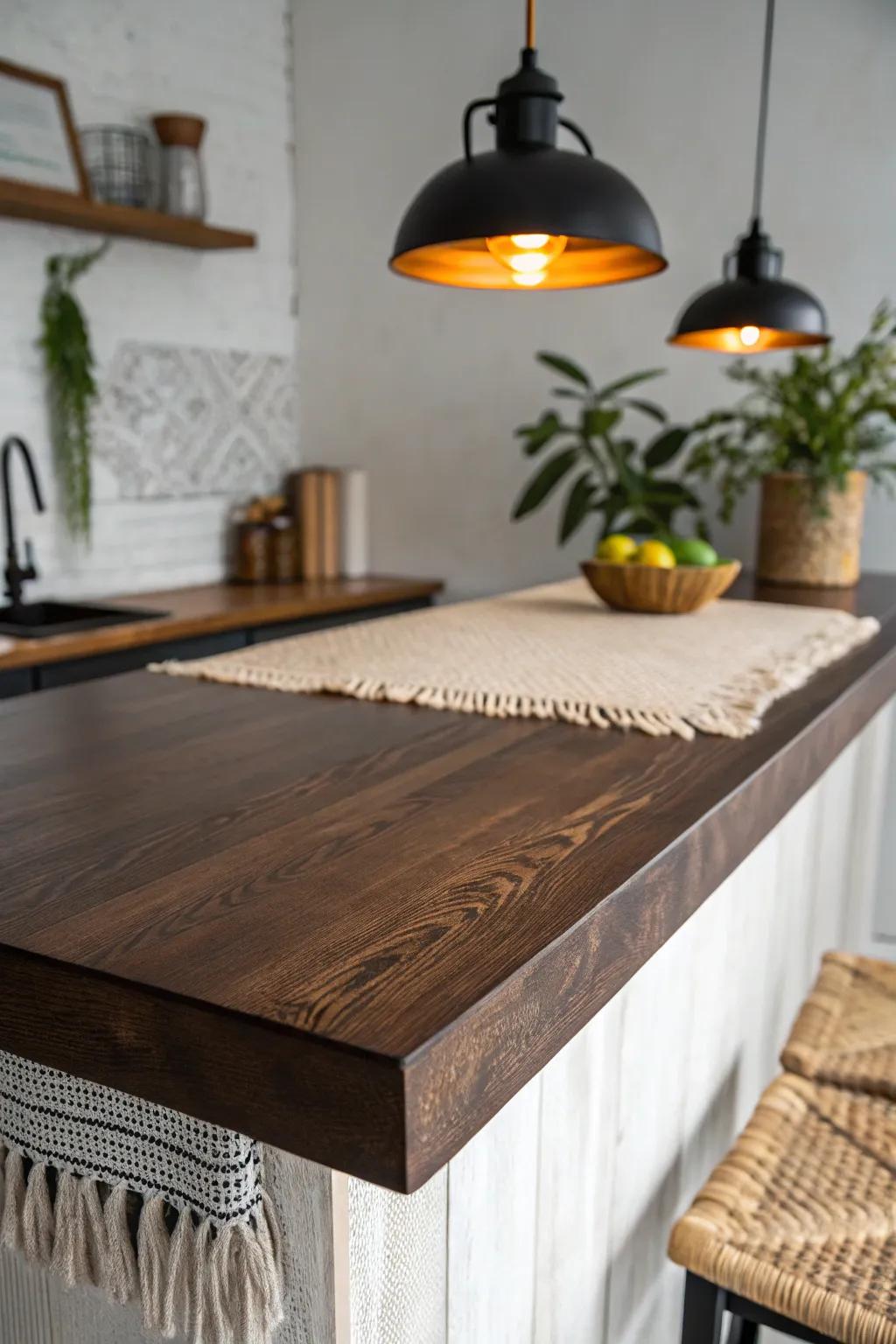 Deep espresso stain + matte finish: a moody, scuff-friendly bar top with warm glow.
