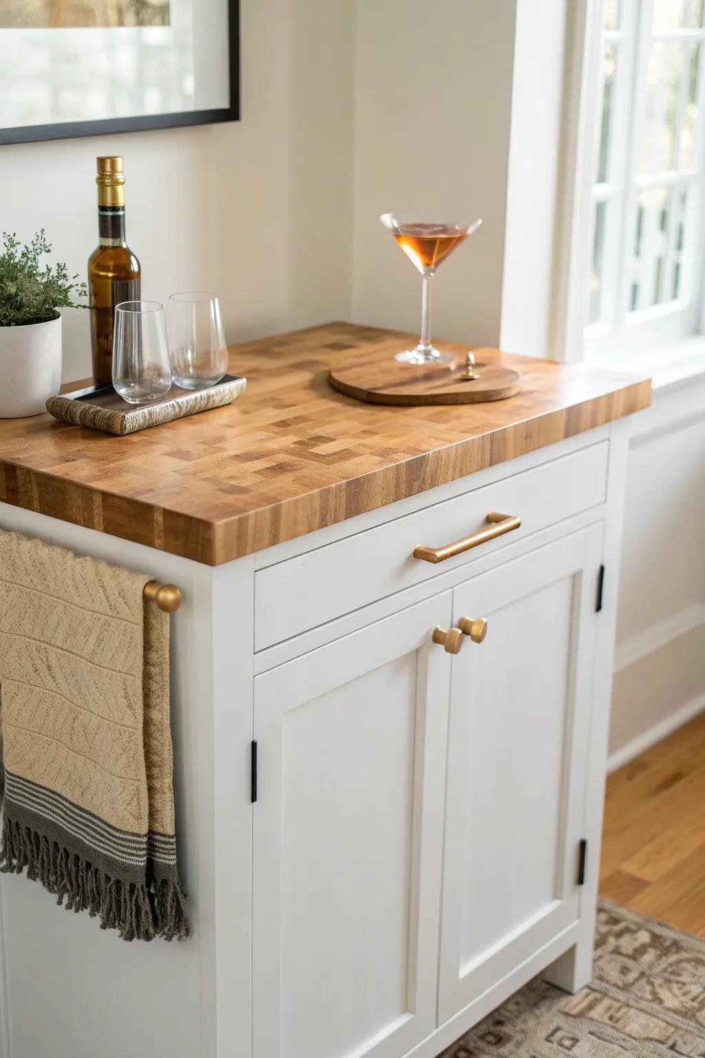 Butcher block top bar station: warm wood, clean lines, and a spill-ready sealed finish.
