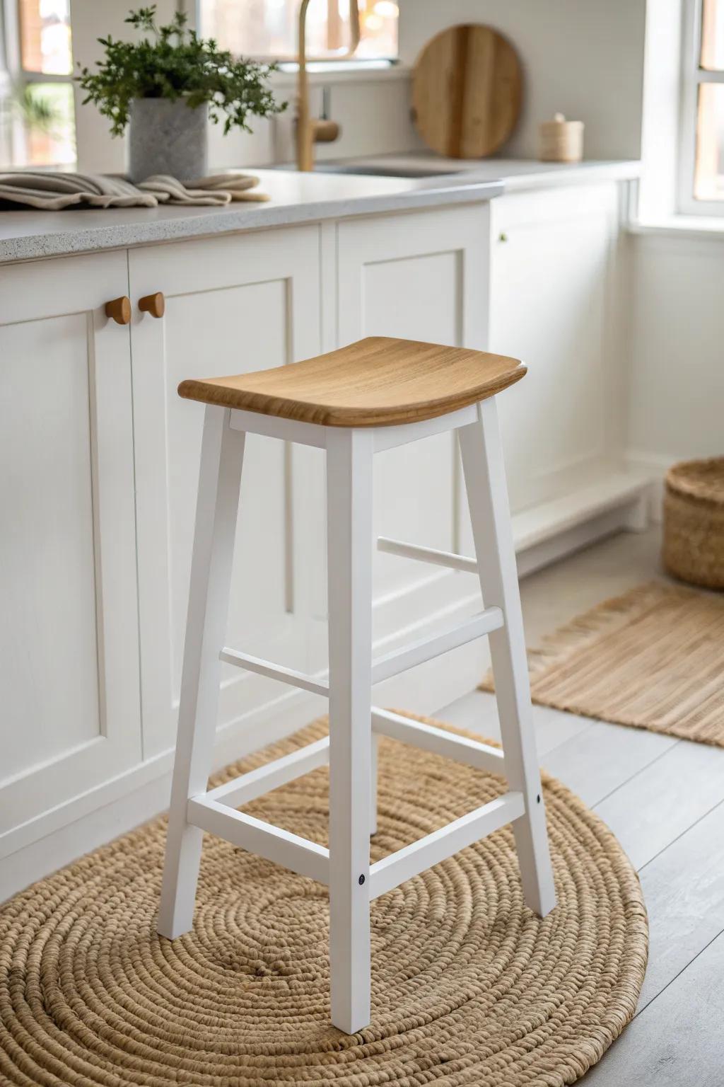 Crisp white frame + warm oak seat—clean contrast that keeps a white kitchen feeling cozy.