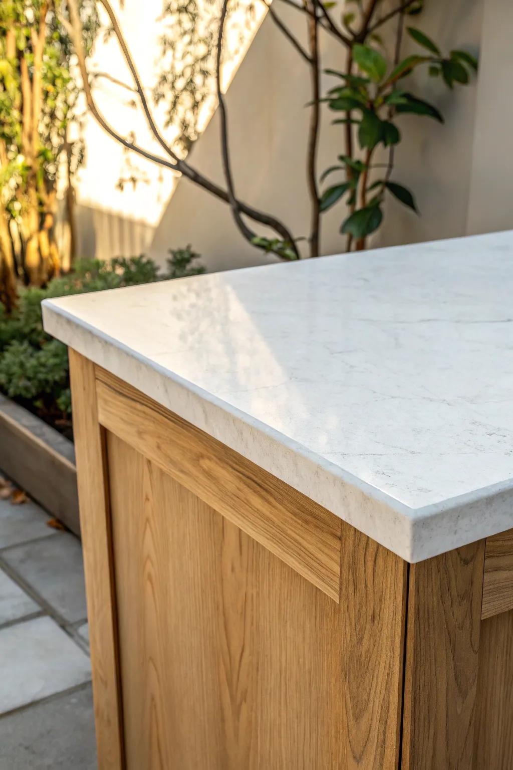 Crisp HPL laminate overlay: a durable, wipeable bar top finish with clean, flush-trimmed edges.