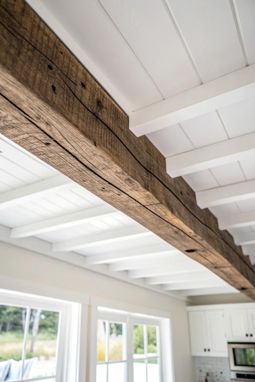 Rustic reclaimed beam on a smooth white ceiling—barn warmth without darkening the whole room.