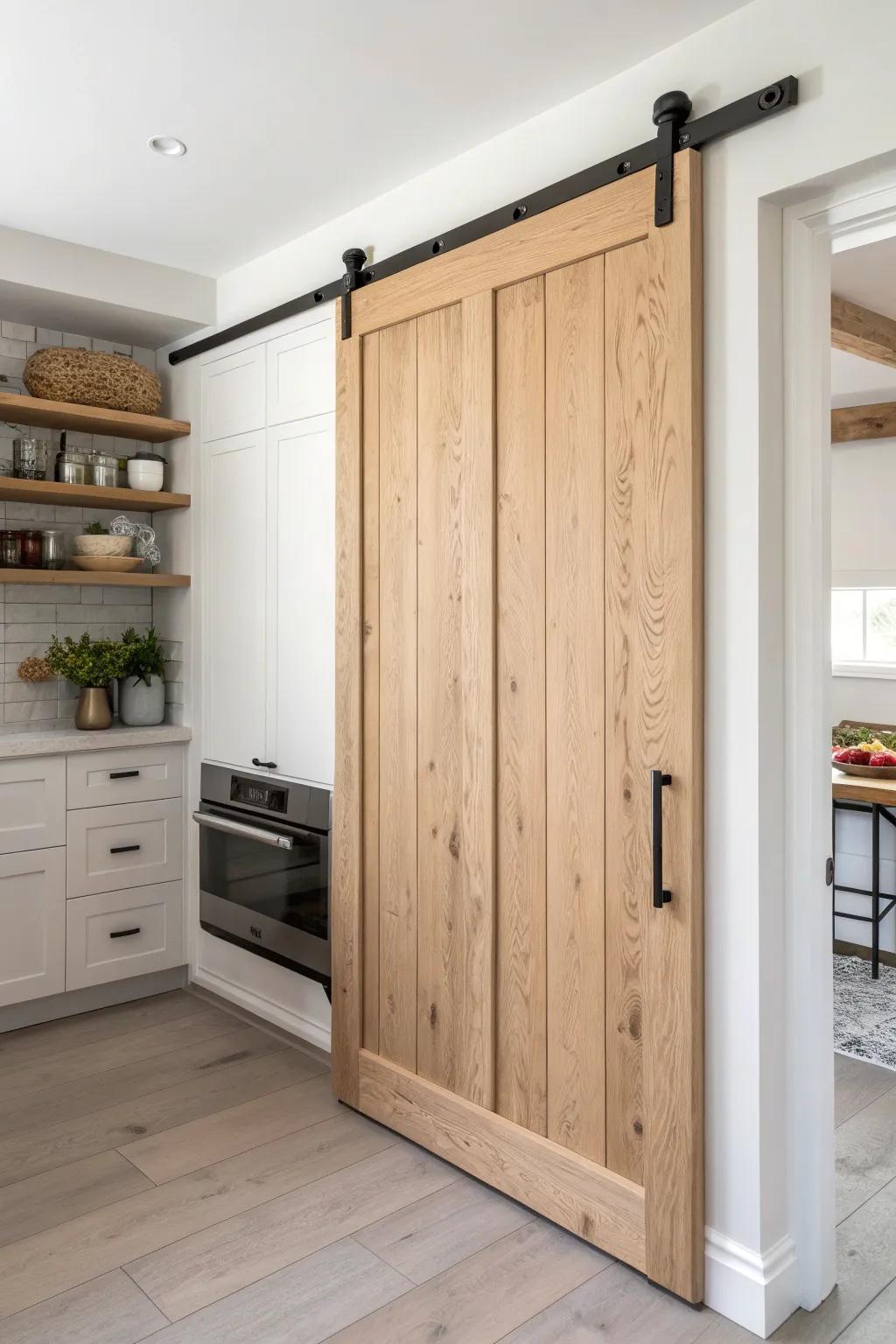 A sliding barn door pantry cover that hides clutter fast—and becomes the kitchen’s decor.