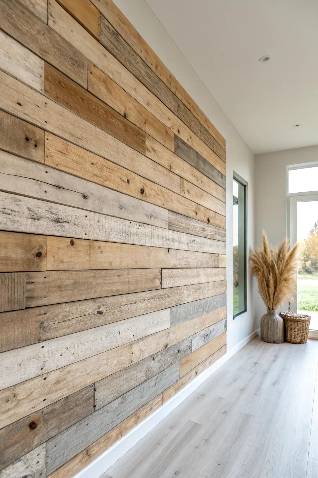 Horizontal barn wood planks with staggered seams—an easy way to make narrow rooms feel wider.
