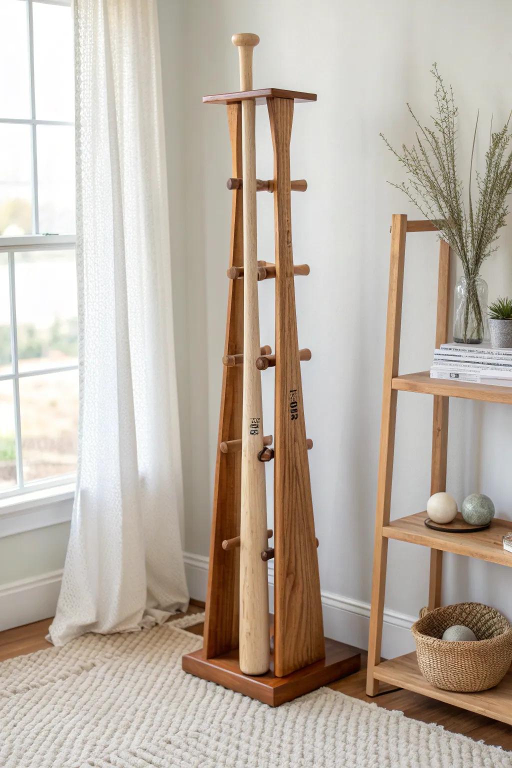 Turn an ignored corner into a sculptural bat display with warm wood and clean lines.