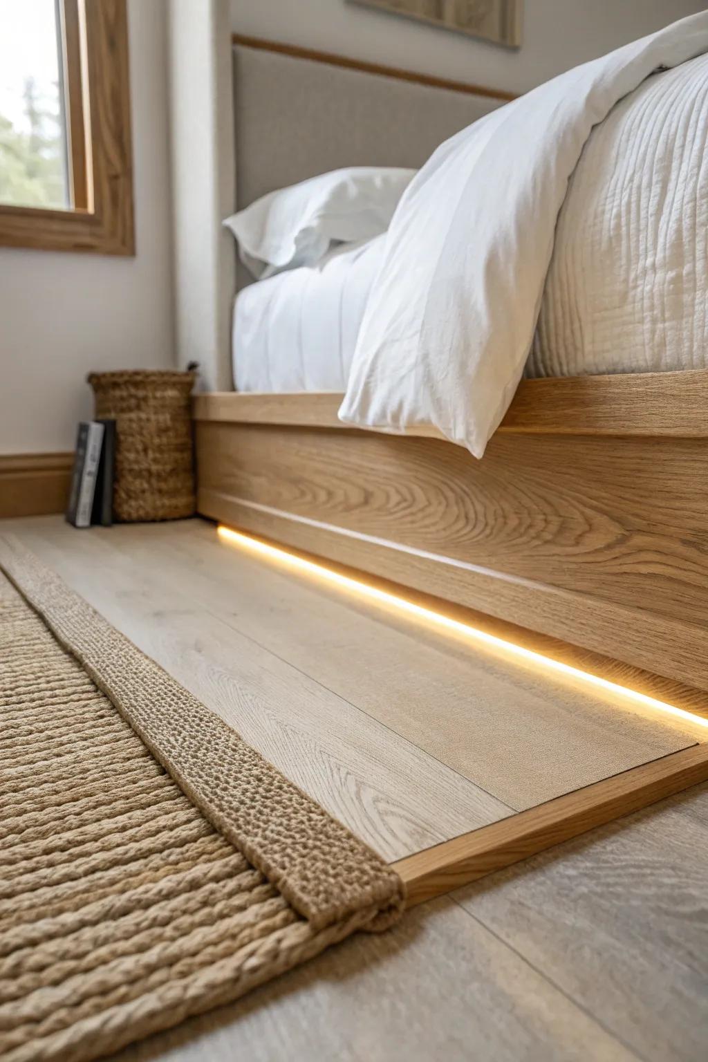 Warm white baseboard LEDs in oak create a dimmable, low-glare bedroom night glow.