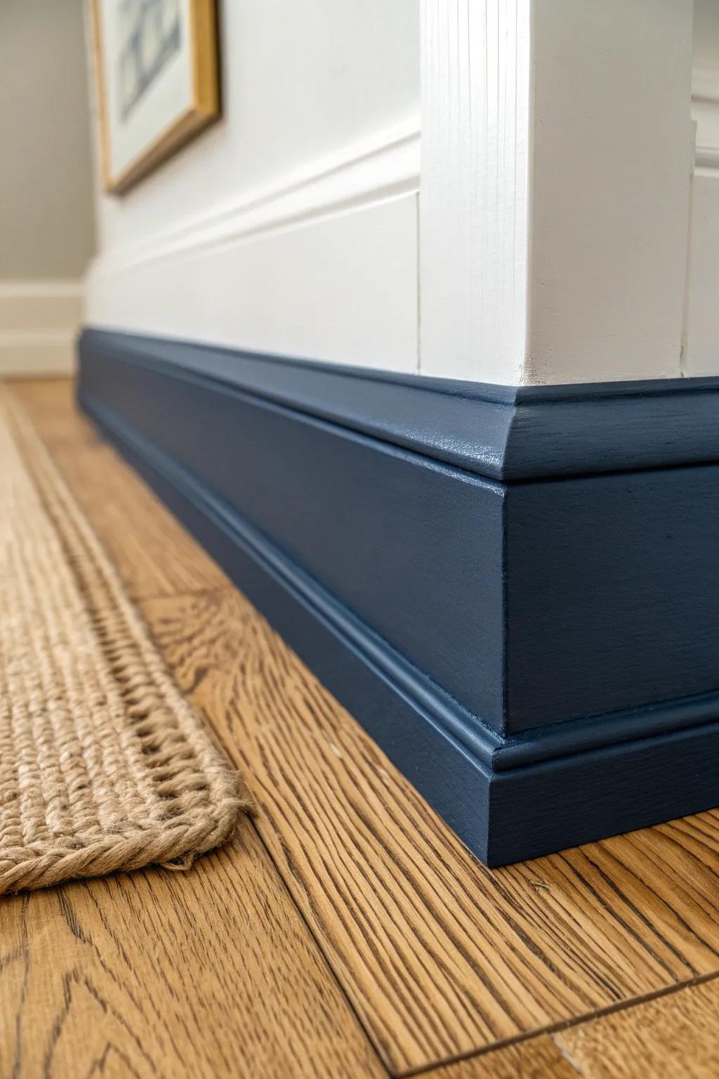 Matte navy baseboards make warm wood floors look richer—cozy contrast with tailored calm.