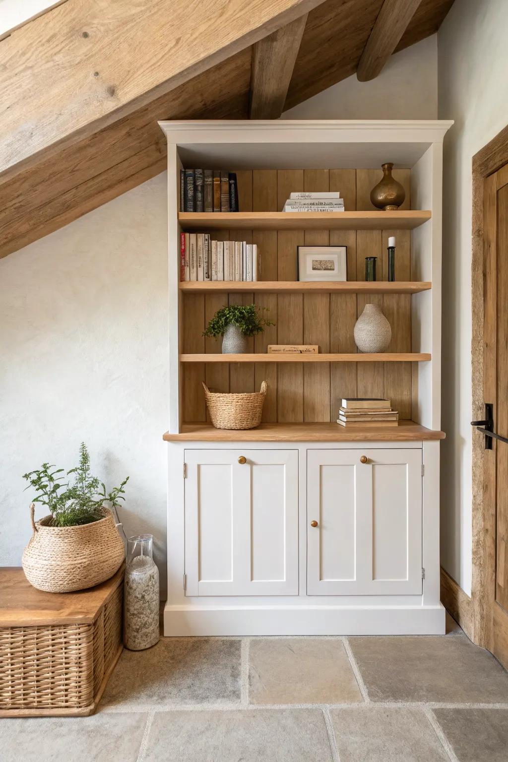 Open shelves for styling, Shaker base cabinets to hide the clutter—timeless basement storage.