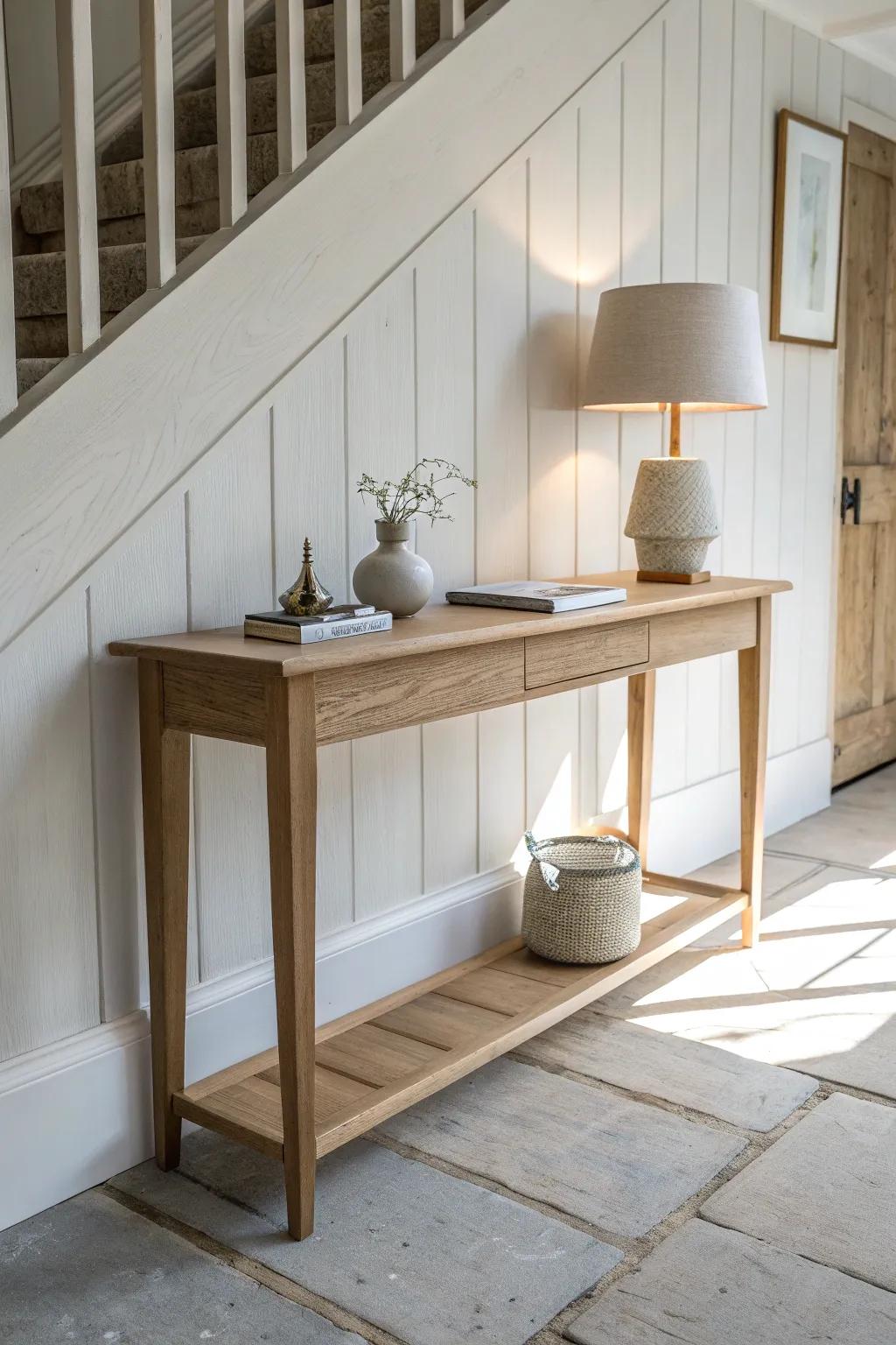 A slim oak console table turns a bare basement hallway into a calm, functional landing strip.