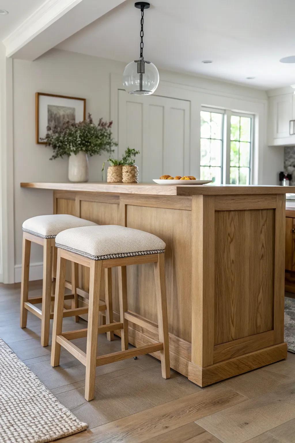 A deep knee-space overhang turns a basement island bar into the coziest seat in the house.