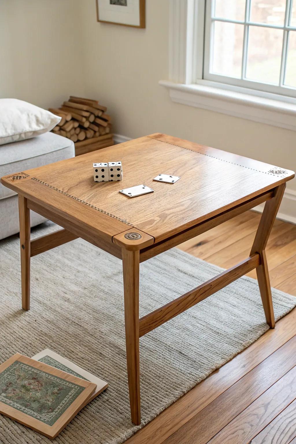 A handcrafted folding game table—plywood top, hardwood edging, made for poker nights.