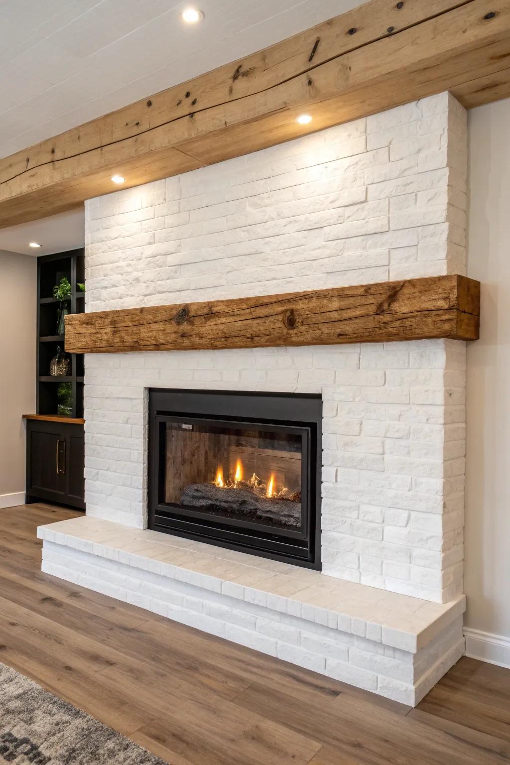 Salvaged-beam mantel + pale oak shelves—this fireplace feature wall makes any basement feel cozy.