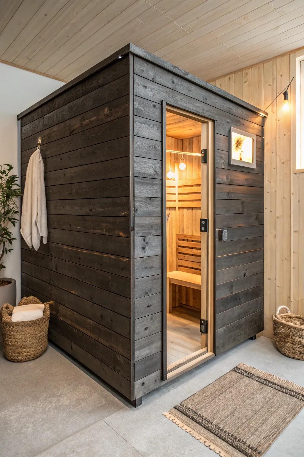 Modern basement sauna: dark reclaimed wood shell with a serene, light-wood interior glow.
