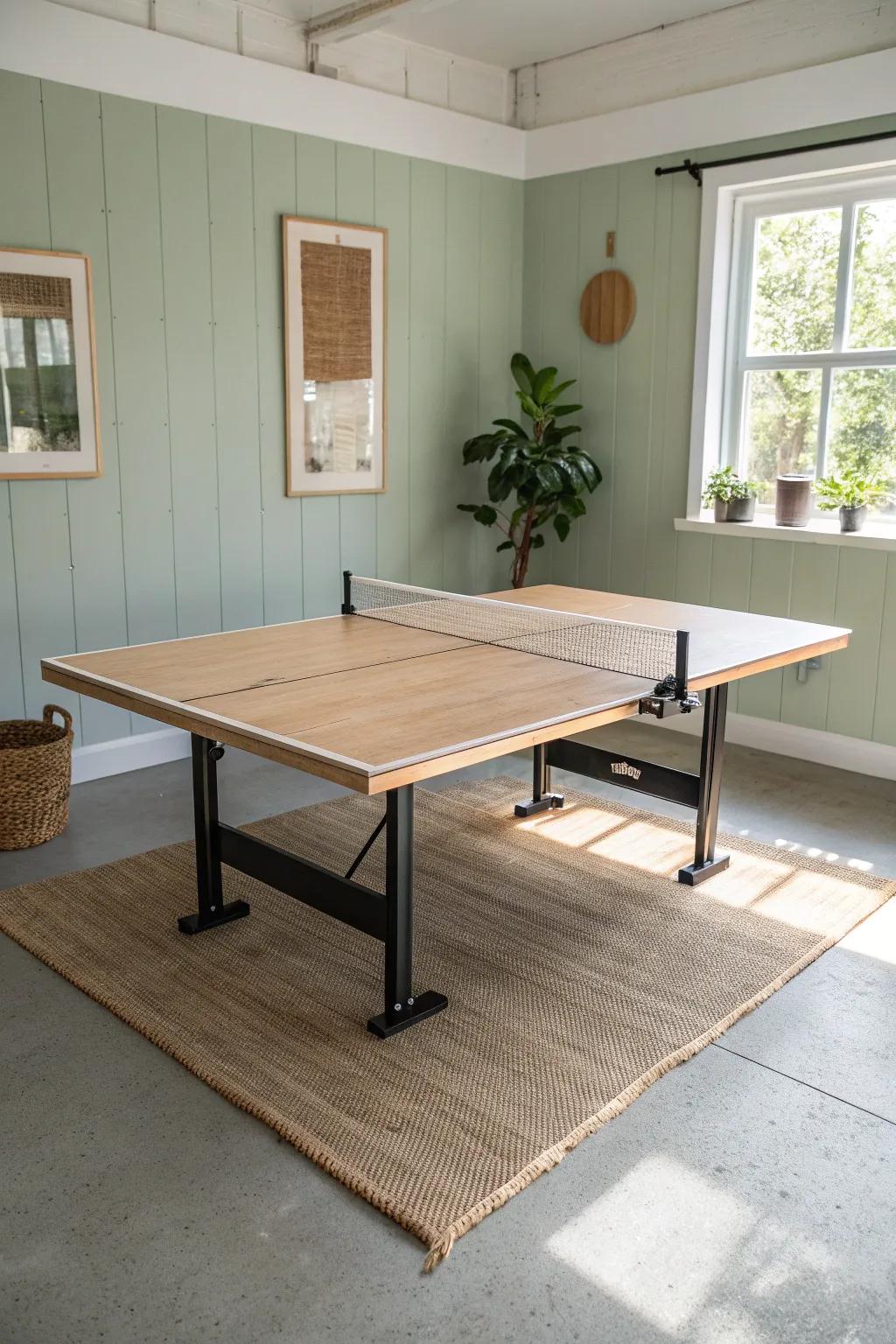 A foldable ping-pong table on locking casters—roll it away for instant basement floor space.