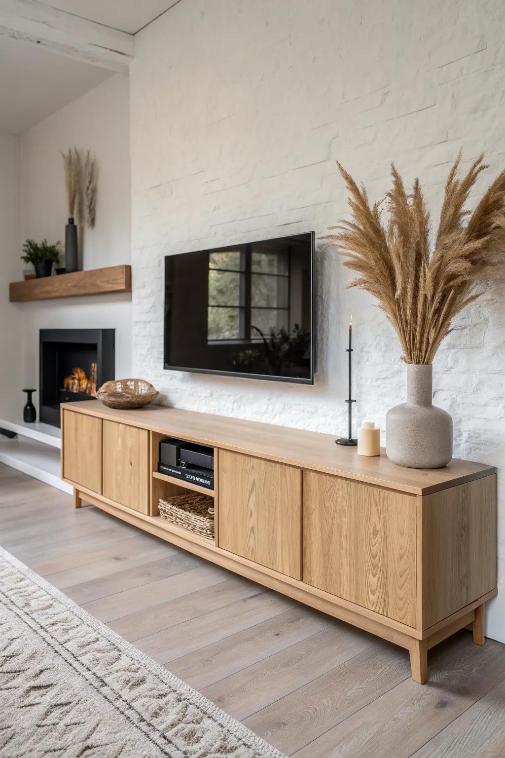 A long, low oak console under the fireplace line anchors the TV wall and hides basement clutter.