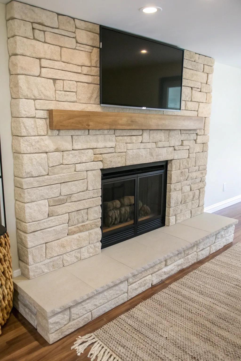 Faux-stone veneer surround that turns a basement wall into a cozy, cabin-lounge focal point.