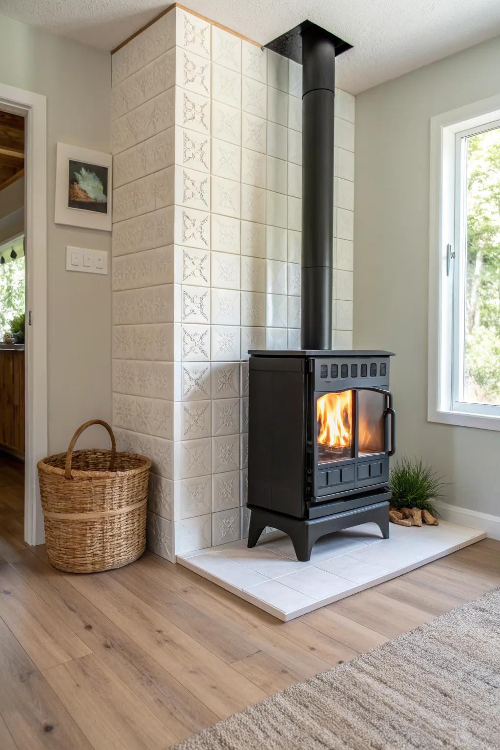 Modern geometric tile panel makes a basement wood stove look bright, clean, and finished.