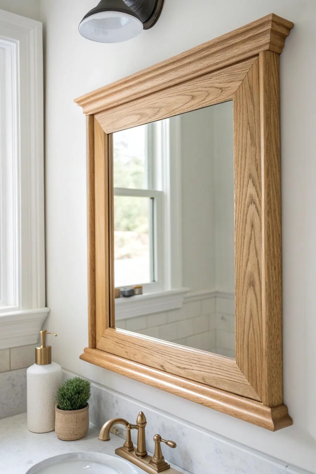 A crown-topped mirror cap in warm oak—an easy, custom-looking upgrade for any bathroom.