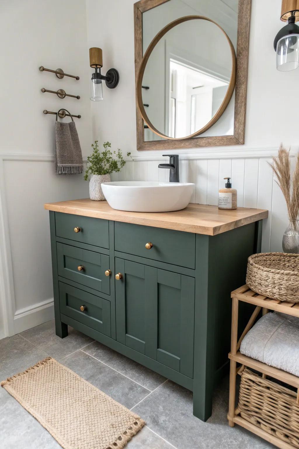 Moody green island + light walls: a bold bathroom focal point that feels calm, crafted, and chic.