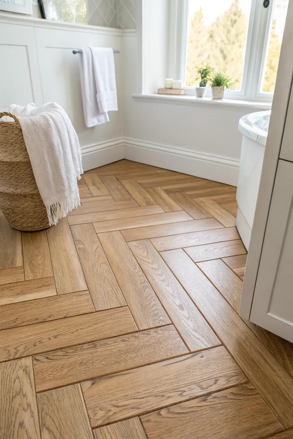 Warm herringbone laminate brings a luxe tile look to the bath—without the cold feel.